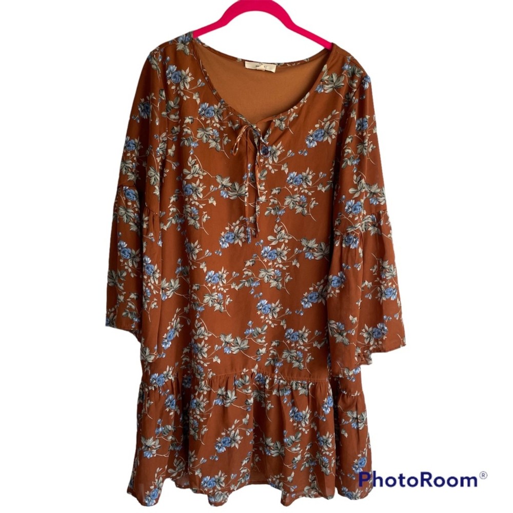 ENTRO Rust Brown Ladies Floral Bohemian Babydoll Fall Dress, M